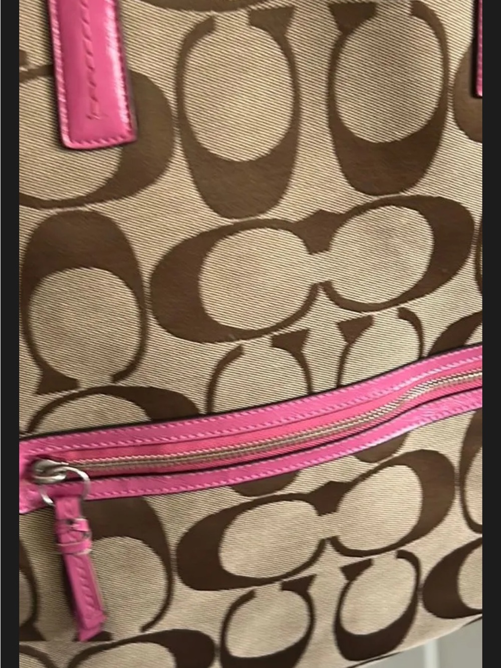 Coach Brown Signature Canvas Tote with Pink Trim and Handles 2013 - Picture 4 of 6